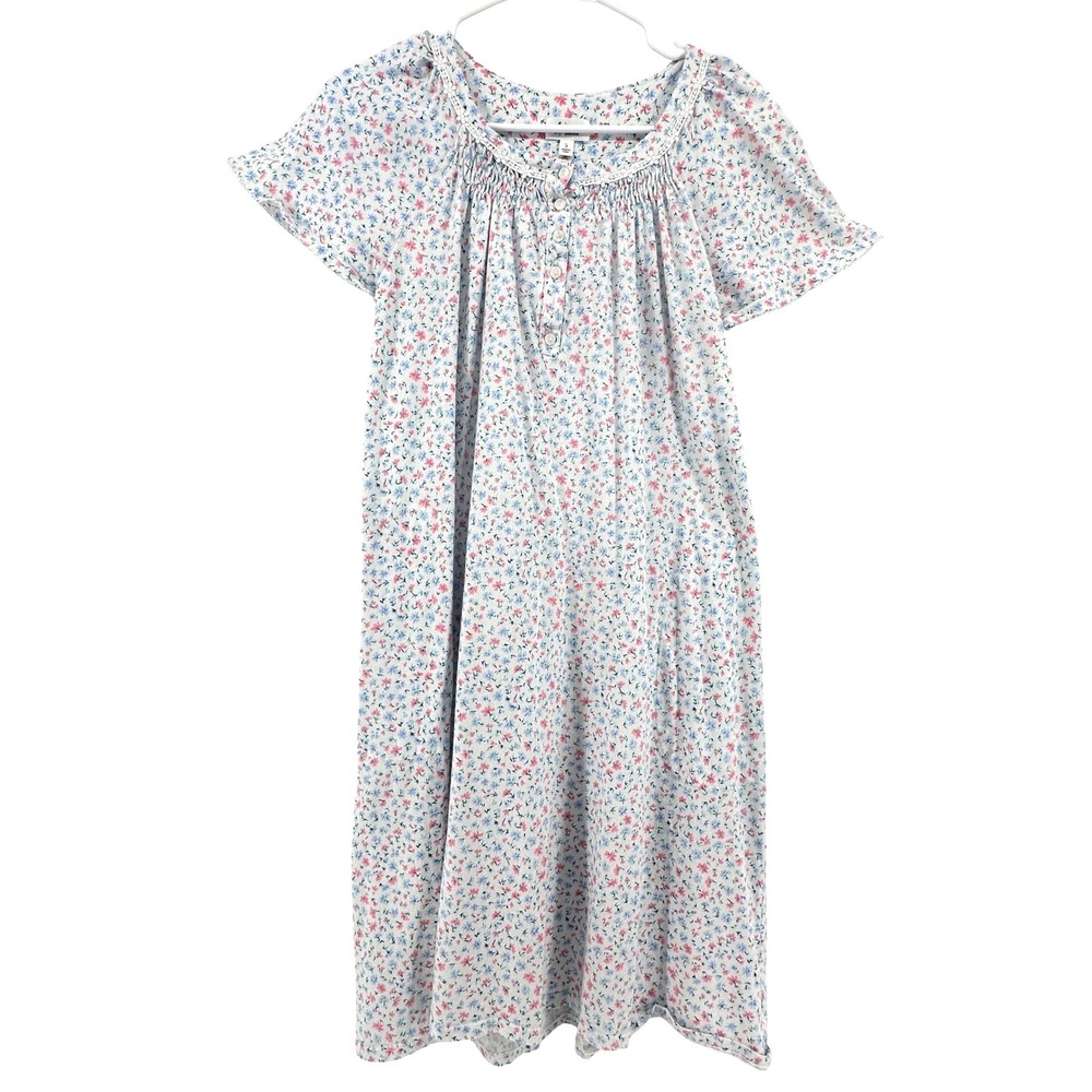 Aria Collection Womens Floral Cotton Nightgown Smocked Lace Small Cottagecore